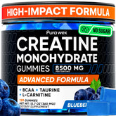 PURA WEX NUTRITION Creatine Gummies bottle close-up with blueberry flavor and convenience