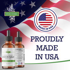Pura Herba Lemon Balm Tincture packaging label highlights natural ingredients.