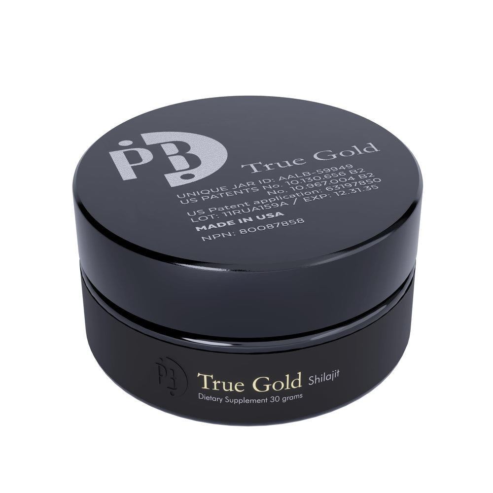 Pürblack Live Resin Pure Gold Shilajit bottle with gold-infused resin for daily energy support.