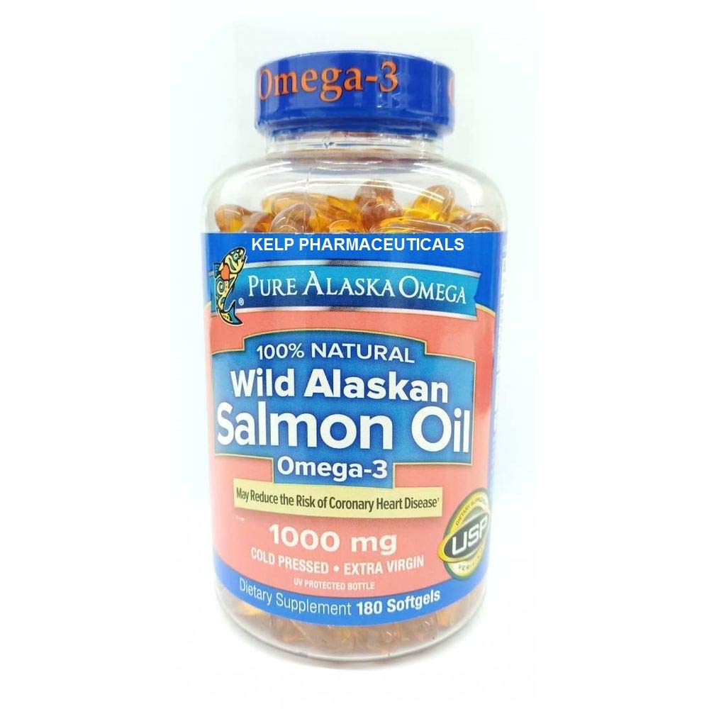 Pure Alaska Omega salmon oil bottle showing a premium cold-pressed formula for daily use.