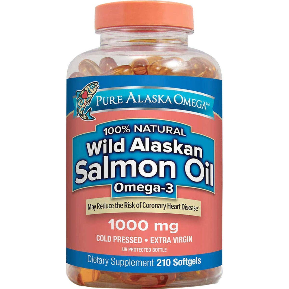 Pure Alaska Omega Wild Salmon Oil bottle showing natural triglyceride omega-3 fats for daily use.