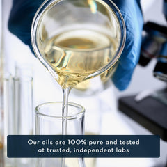 Pure Body Naturals peppermint oil label closeup showing purity and lab verification.