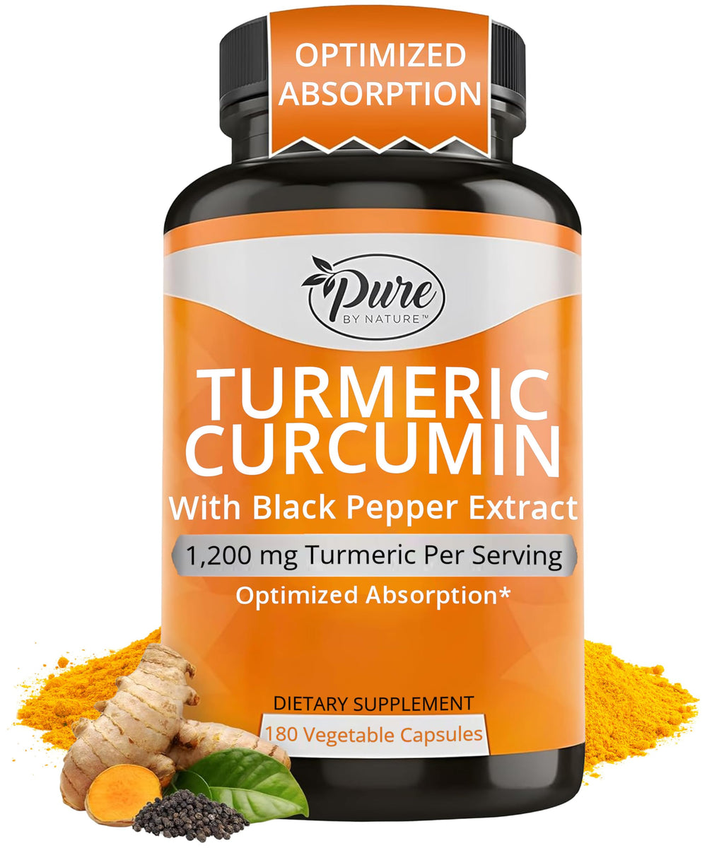 Pure By Nature turmeric curcumin bottle with black pepper extract for high absorption.
