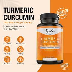 Pure By Nature turmeric curcumin capsules close-up shows organic turmeric and pepper for absorption.