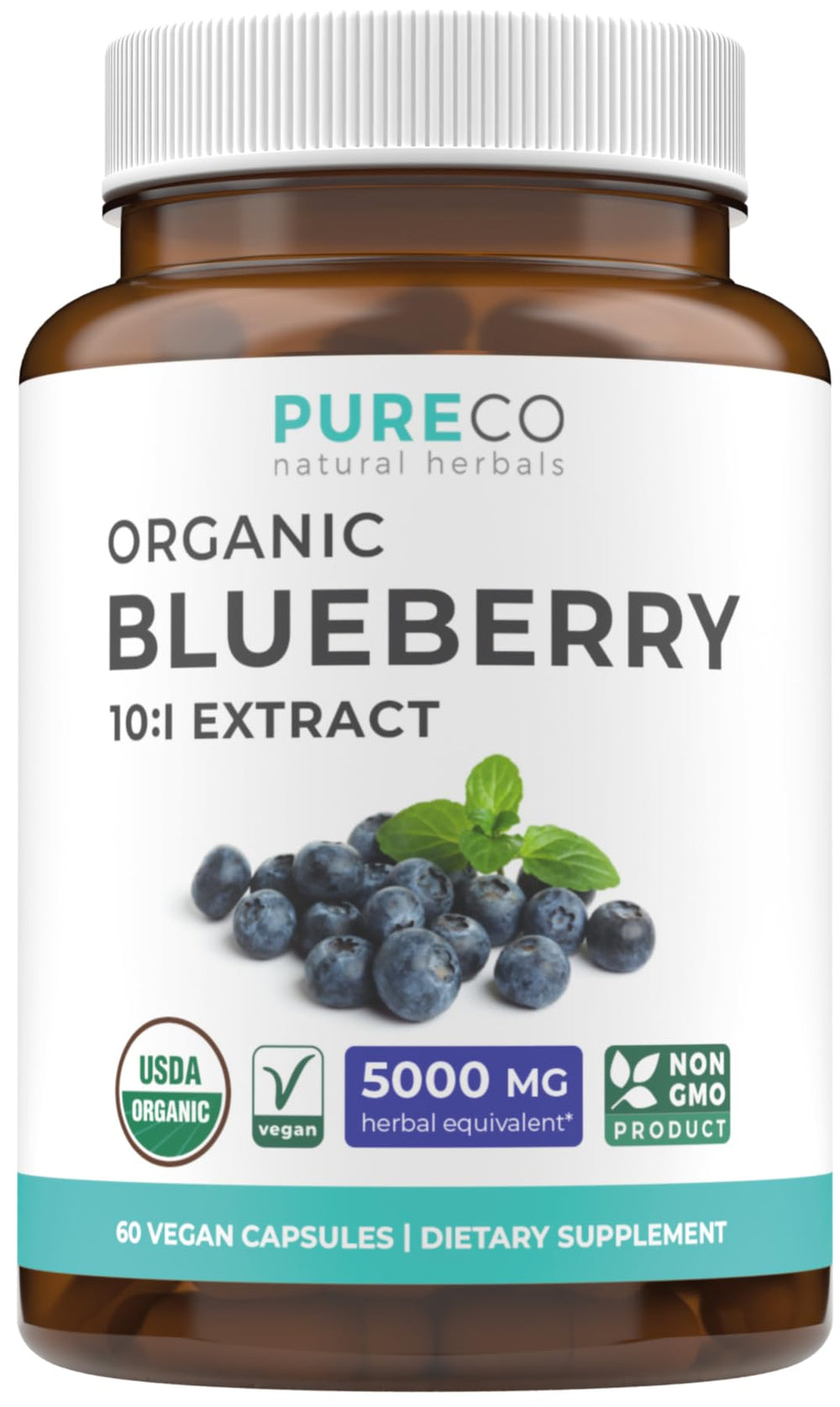 Pure Co blueberry extract capsules in front view for daily wellness convenience.
