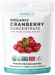 PURE CO cranberry powder bottle with scoop for a convenient daily wellness boost.