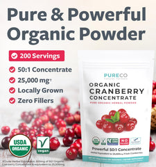 PURE CO cranberry powder scoop showing serving size for easy daily use.