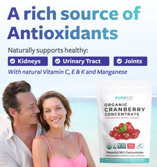 PURE CO cranberry powder in a blender smoothie creates tart, flavorful mix.