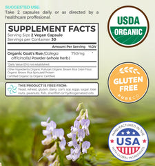 Close-up of Pure Co Goat's Rue label highlighting organic status.