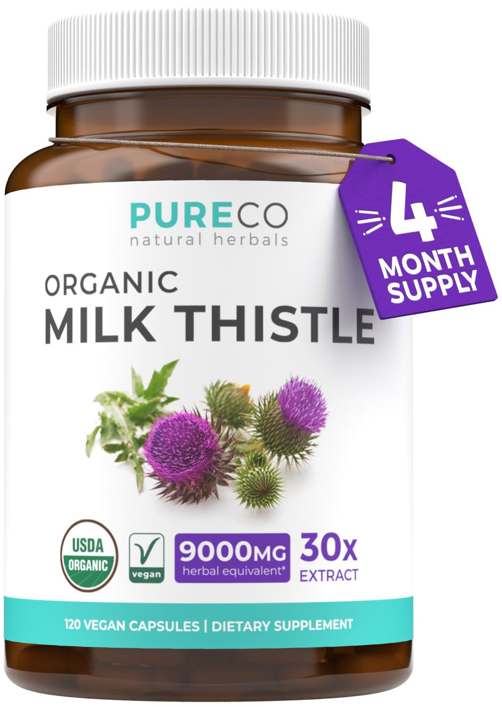 Pure Co milk thistle capsules bottle front highlighting organic, potent 80% silymarin blend