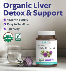Pure Co milk thistle capsules closeup showing vegan capsule and premium quality