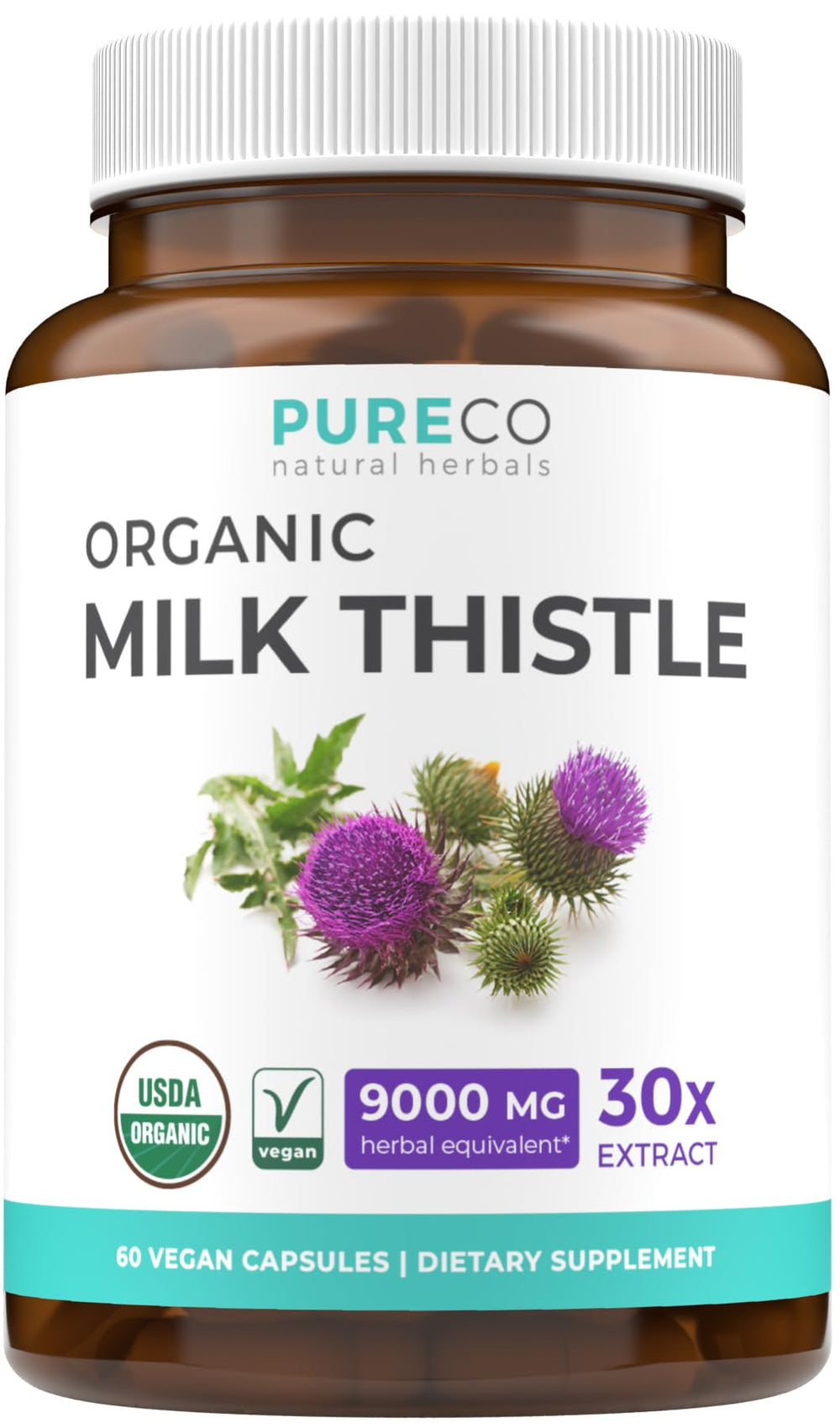 Pure Co Milk Thistle Capsules packaging highlights organic ingredients for daily liver support.