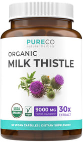 Pure Co Milk Thistle Capsules packaging highlights organic ingredients for daily liver support.