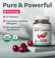Pure Co tart cherry extract 4-to-1 capsules closeup highlighting potent formula
