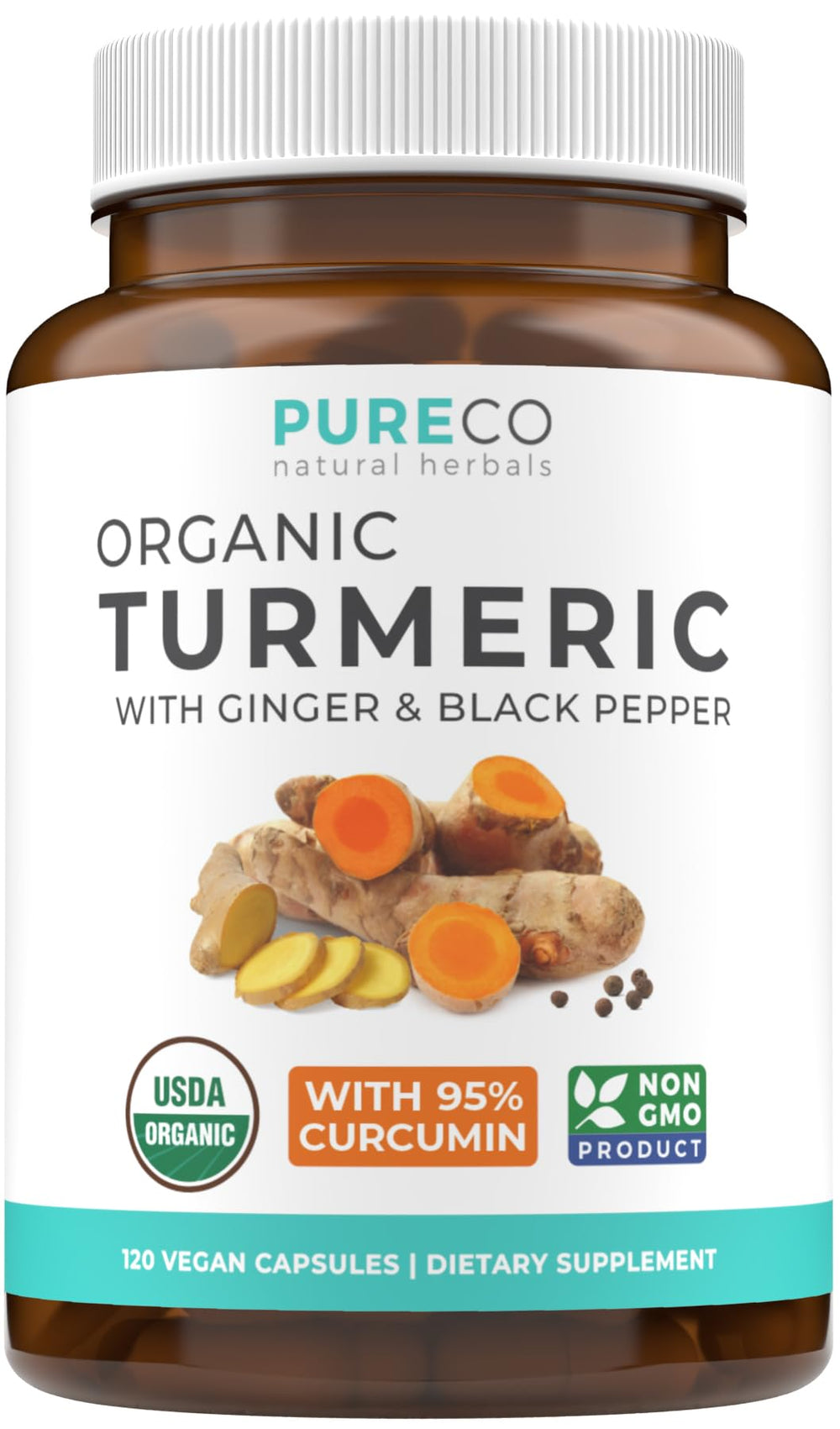 Pure Co turmeric bottle with ginger for easy daily wellness support.