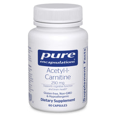 Pure Encapsulations acetyl-L-carnitine 250 mg bottle for memory support and clean ingredients.