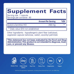 Pure Encapsulations acetyl-L-carnitine 250 mg capsules front label emphasizes vegan, gluten-free formula.