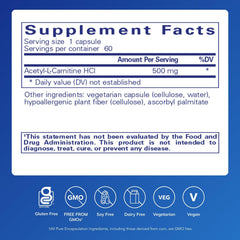 Pure Encapsulations Acetyl-L-Carnitine capsules close-up highlighting vegan-friendly formula