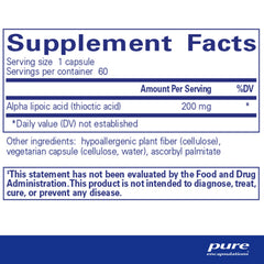 Pure Encapsulations Alpha Lipoic Acid 200 mg bottle on counter; vegan and non GMO formulation.