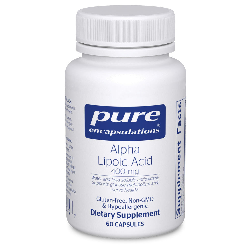 Pure Encapsulations Alpha Lipoic Acid 400 mg bottle shown for daily antioxidant support.