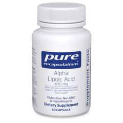 Pure Encapsulations Alpha Lipoic Acid 400 mg bottle shown for daily antioxidant support.