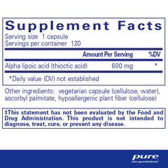 Pure Encapsulations Alpha Lipoic Acid 600 mg capsules for daily antioxidant support.