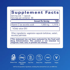 Pure Encapsulations Ascorbic Acid label close-up highlighting 1000 mg potency.