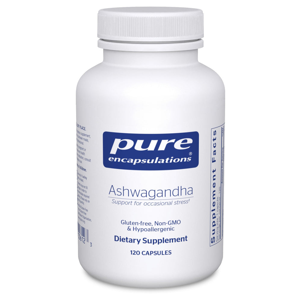 Pure Encapsulations Ashwagandha capsule on bottle, supporting daily stress resilience.