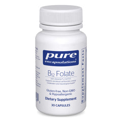 Pure Encapsulations B12 Folate bottle pour promotes easy daily energy support.