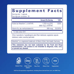 Pure Encapsulations B12 Folate capsules close-up shows small, easy-to-swallow capsules.