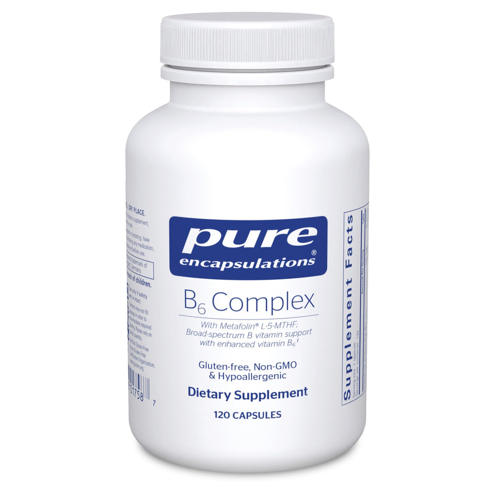 Pure Encapsulations B6 Complex bottle closeup highlighting high-potency B vitamins for brain health.