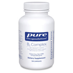 Pure Encapsulations B6 Complex bottle closeup highlighting high-potency B vitamins for brain health.