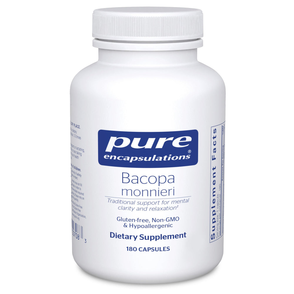 Pure Encapsulations Bacopa Monnieri bottle highlighting memory support and daily focus.