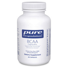 Pure Encapsulations BCAA capsules bottle front showing hypoallergenic formula.