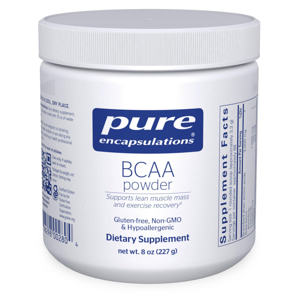 Pure Encapsulations BCAA Powder package showing lean muscle support during workouts