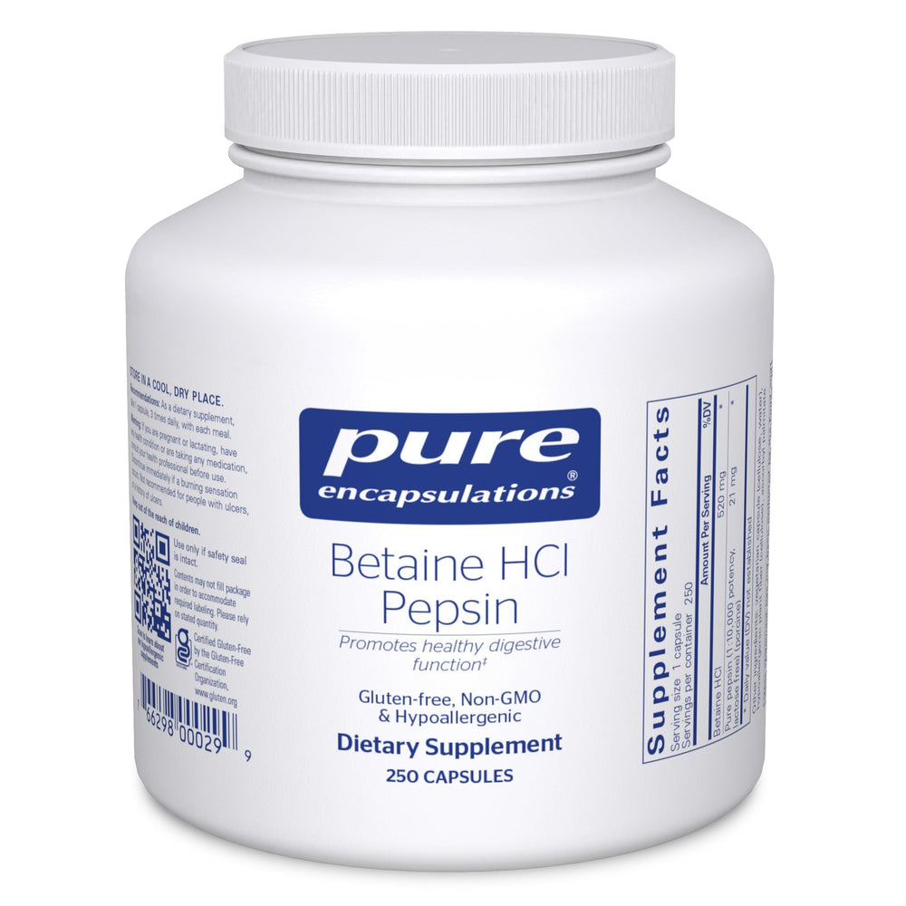 Pure Encapsulations Betaine HCl Pepsin bottle label highlights digestion support and purity.
