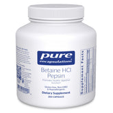 Pure Encapsulations Betaine HCl Pepsin bottle label highlights digestion support and purity.