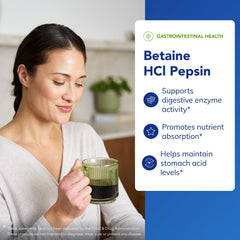 Betaine HCl Pepsin dosage scoop with Pure Encapsulations packaging for easy measuring.
