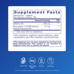 Betaine HCl Pepsin tablets close-up from Pure Encapsulations for improved digestive function.