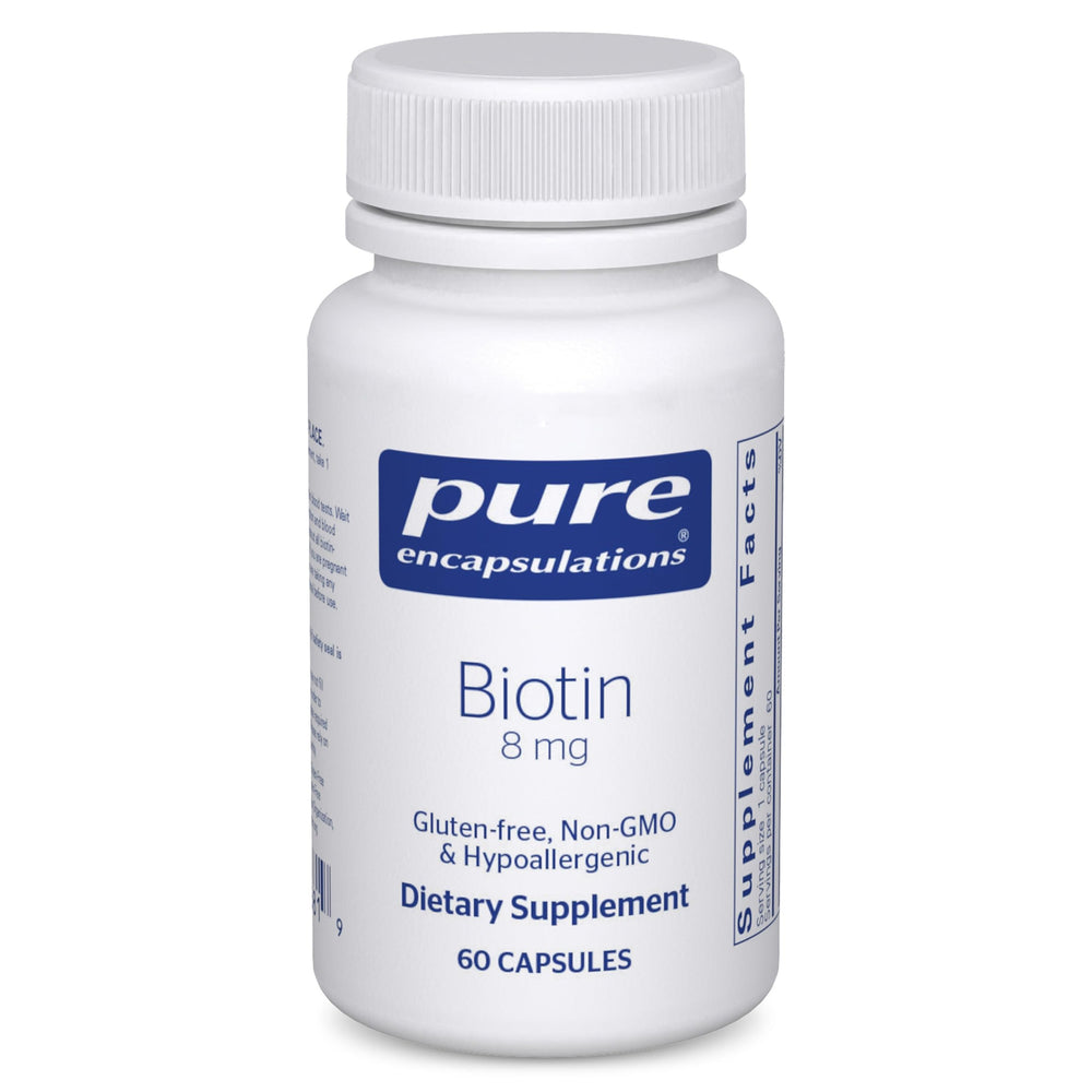 Pure Encapsulations Biotin 8 mg bottle front, highlighting premium, allergen-free formulation.