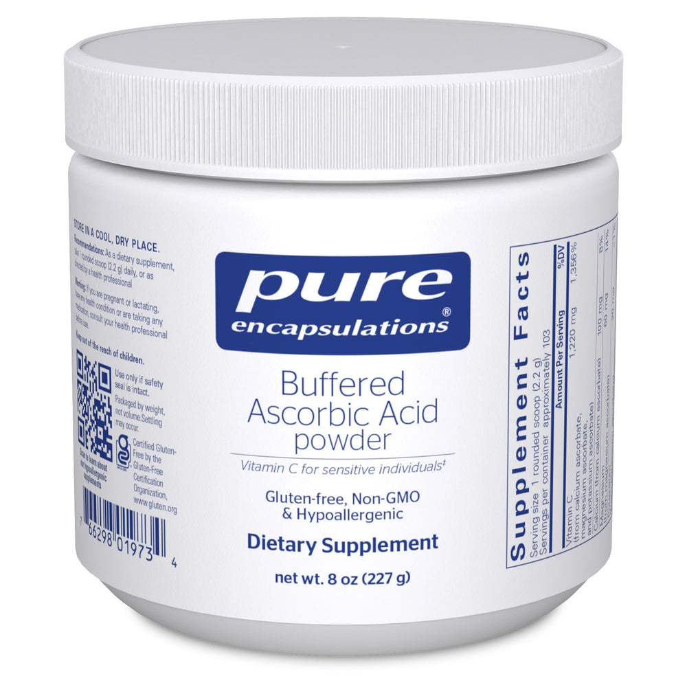 Pure Encapsulations Buffered Ascorbic Acid Powder bottle with neutral pH for sensitive individuals.