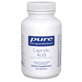 Pure Encapsulations Caprylic Acid bottle on shelf for daily gut support.