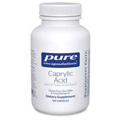 Pure Encapsulations Caprylic Acid bottle on shelf for daily gut support.