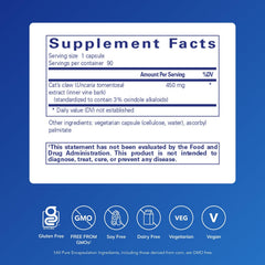 Pure Encapsulations Cats Claw bottle label emphasizing purity and trusted sourcing.
