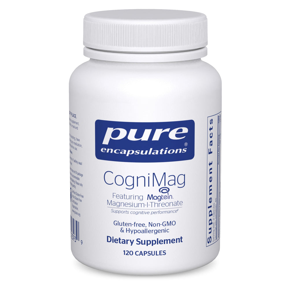 Pure Encapsulations CogniMag bottle with capsules for daily cognitive support.