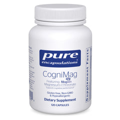 Pure Encapsulations CogniMag bottle with capsules for daily cognitive support.