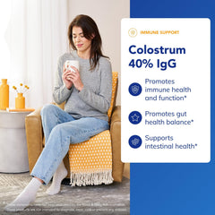 Pure Encapsulations colostrum bottle on shelf emphasizing clean labeling and allergen-free formula