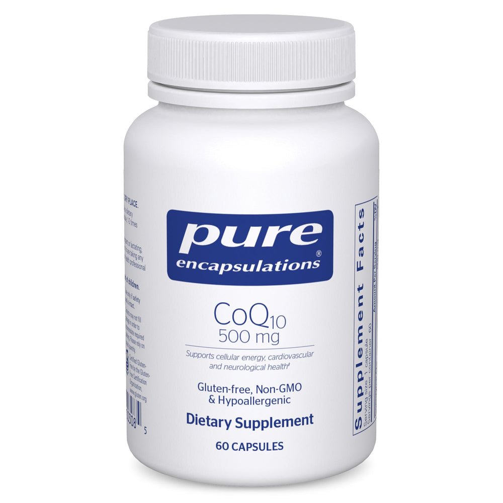 Pure Encapsulations CoQ10 500 mg bottle front supports daily energy and heart health.