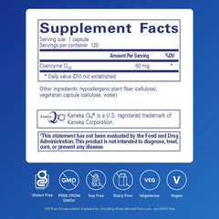 Pure Encapsulations CoQ10 60 mg bottle label close-up emphasizes purity and quality
