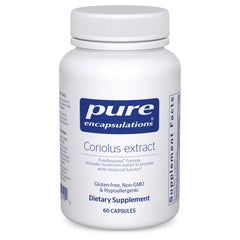 Pure Encapsulations Coriolus Extract bottle with capsules, beta-glucan rich for potential immune support.
